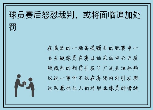 球员赛后怒怼裁判，或将面临追加处罚