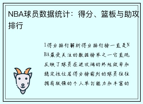 NBA球员数据统计：得分、篮板与助攻排行